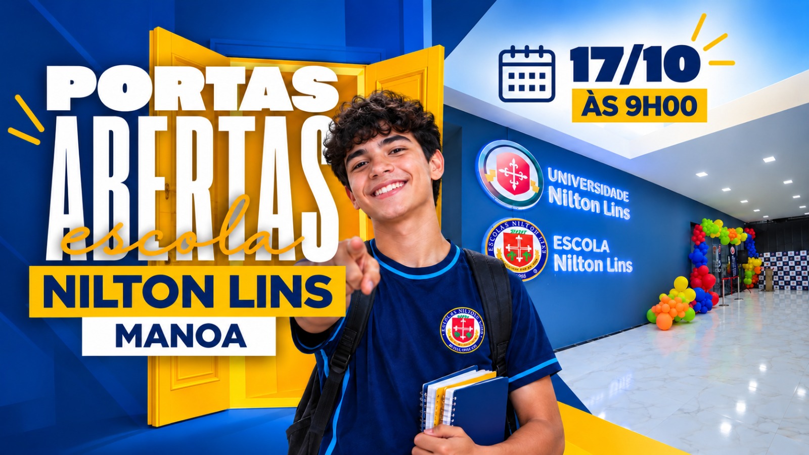 Arte do Portas Abertas da Escola Nilton Lins — Unidade Manoa: estudante apontando para uma porta aberta